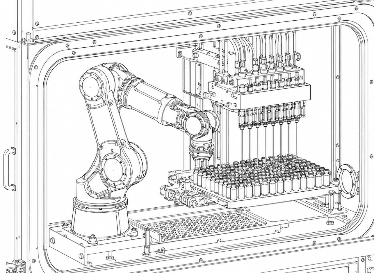 Technical drawing of Meta Pharmacy's sterile vial-filling equipment